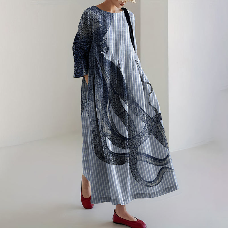 Comstylish Japanese Art Stripe Octopus Print Casual Art  Linen Blend Long Sleeve Maxi Dress