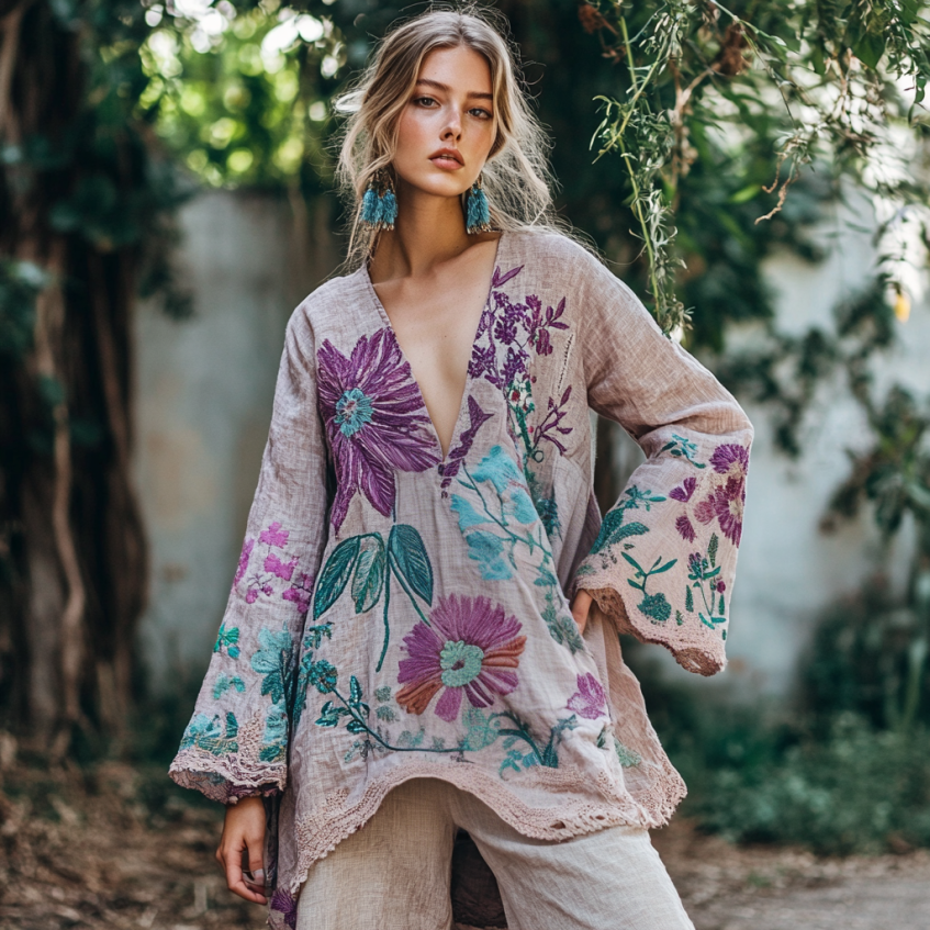 Comstylish Vintage Floral Embroidered Linen V Neck Tunic