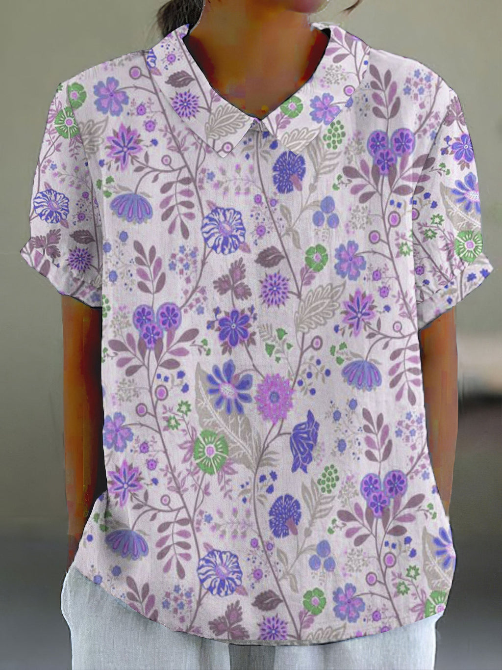 Comstylish Women's Pastoral Floral Art Print Casual Cotton Linen Shirt