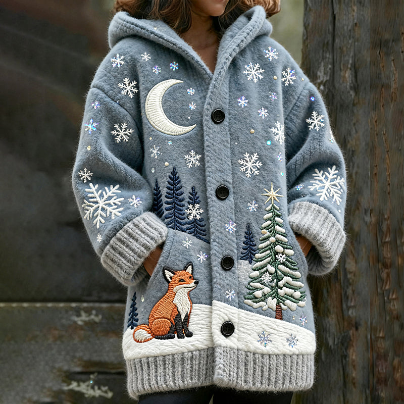 Women's Cute Fox On Christmas Night Cozy Hooded Knit Cardigan artswardrobe