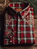 Vintage Floral Snowflakes Embroidered Christmas Plaid Linen Shirt artswardrobe