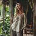 Comstylish Vintage Retro Blossoms Embroidered Art Linen Tops