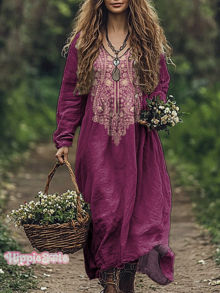 Ethnic Style Floral Pattern Printed Women's Pocket Cotton Dress