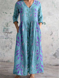 Women's V-Neck Retro Floral Pattern Cotton And Linen Dress