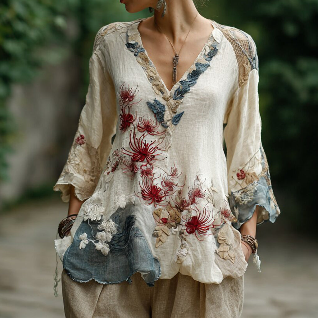 Women's Japanese Spider Lily Embroidered Cotton And Linen V-neck Shirt artswardrobe