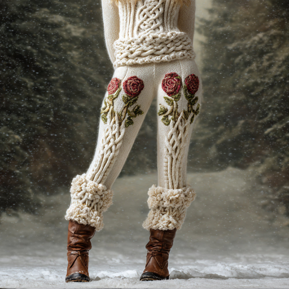 Comstylish Women's Viking Style Rose Embroidered Leggings