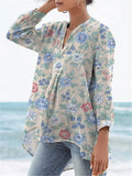 Vintage Style Tranquil Spring Garden Pattern Printed Women's Casual Linen V-Neck Shirt