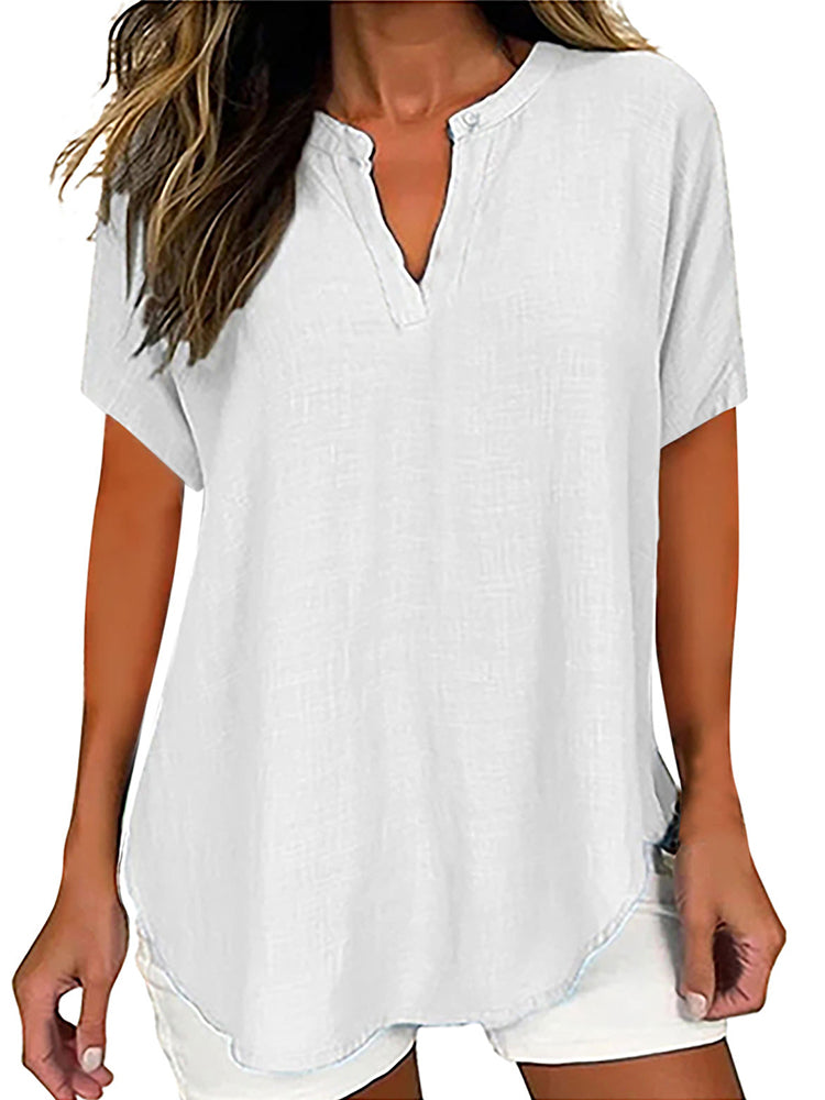 Comstylish Solid Color V Neck Short Sleeve Linen Blend Shirt