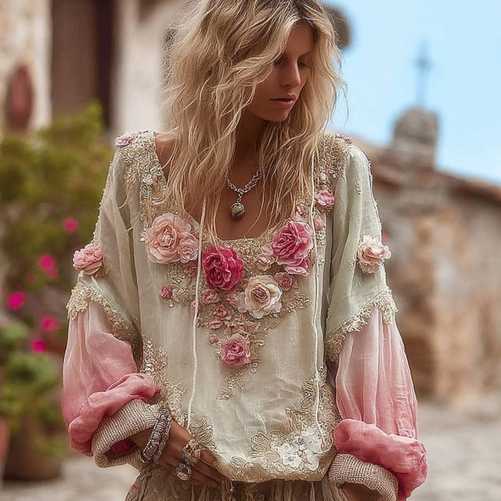 Bohemian Style Gradient Flower Patchwork Vintage Long-sleeved Shirt artswardrobe