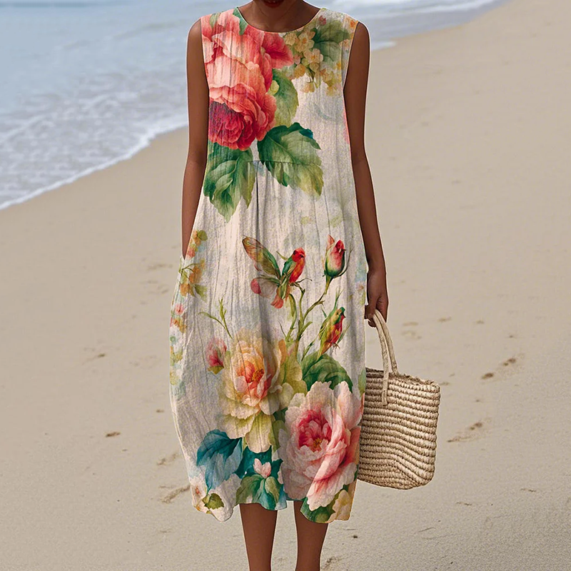 Vintage Loose Vintage Elegant Floral  Art Linen Tank Dress artswardrobe