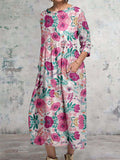 Women's Classic Floral Pattern Round Neck Cotton and Linen Top with Pockets