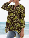 Women's Vintage Lovely Birds Floral Art Print Casual Linen V-neck Shirt