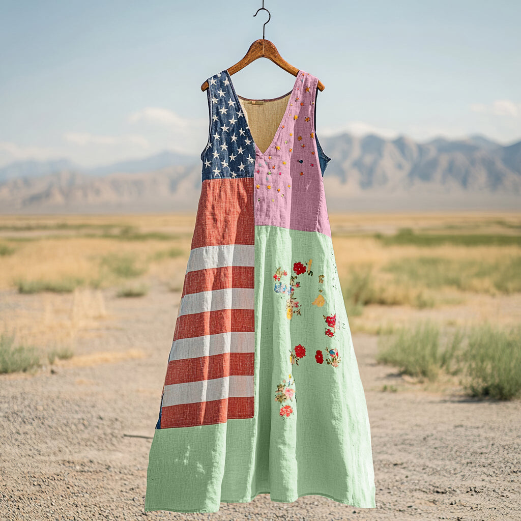 Women's Independence Day Flag Print Cotton And Linen Dress artswardrobe