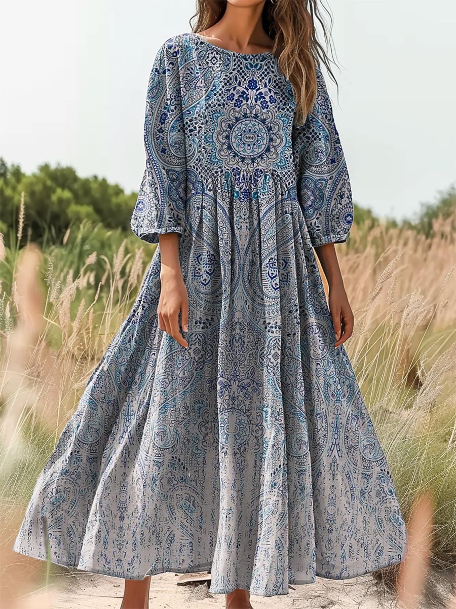 Women's Gradient Paisley Art Print Flowy Cotton Crew Neck Dress