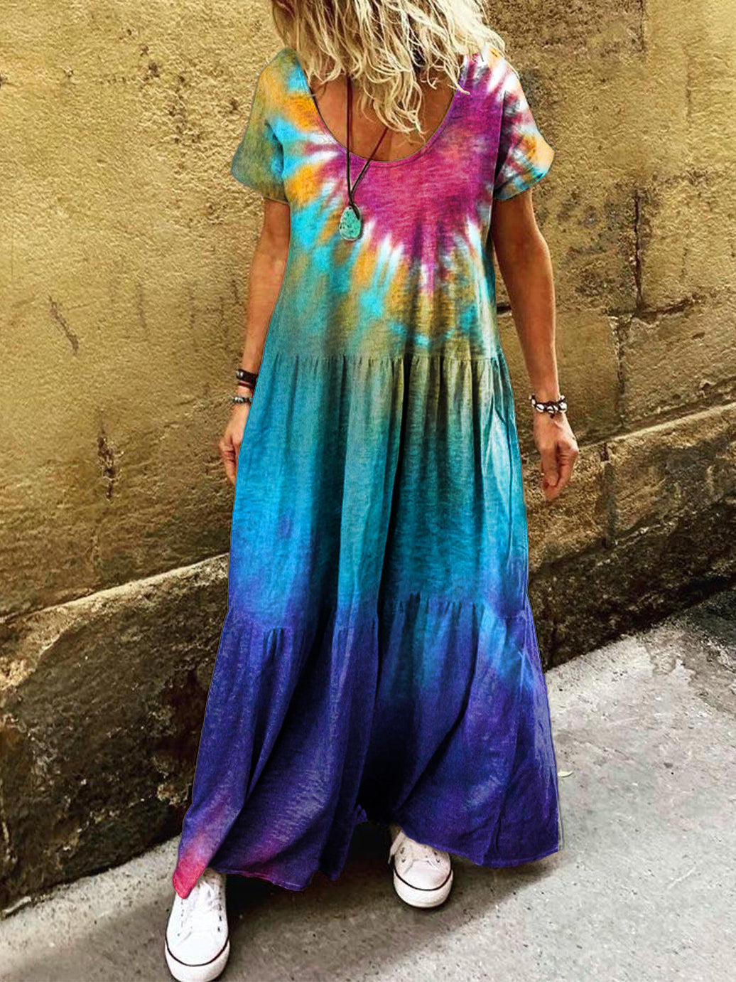 Women's Heart Tie-Dye Art Print Pocket Short Sleeve Cotton Dress