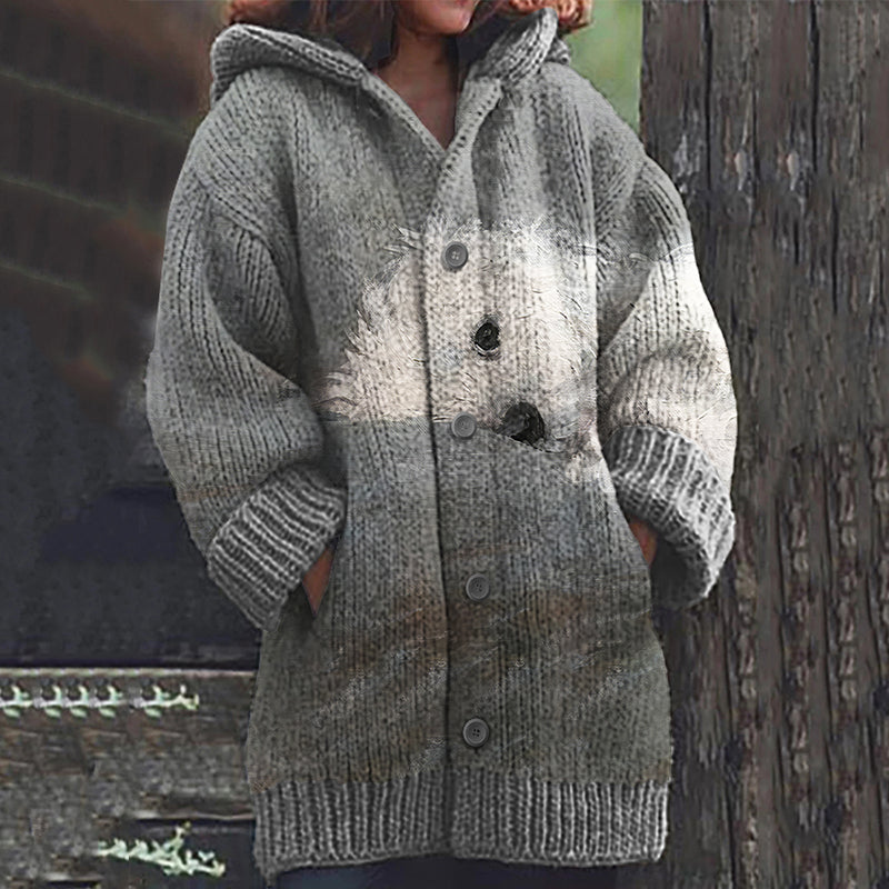 Comstylish Cute Dog Print Long Sleeve Knitted Hooded Cardigan