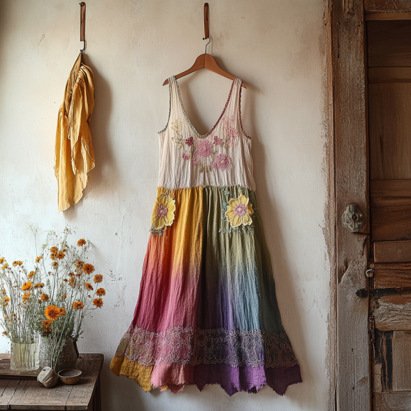 Retro Boho Floral Art Embroidery Print Lace And Linen V-neck Sleeveless Midi Dress artswardrobe