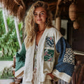Comstylish Classic Bohemian Japanese Traditional Sashiko Patchwork Art Embroidery Print Cotton And Linen Blend Kimono Cardigan