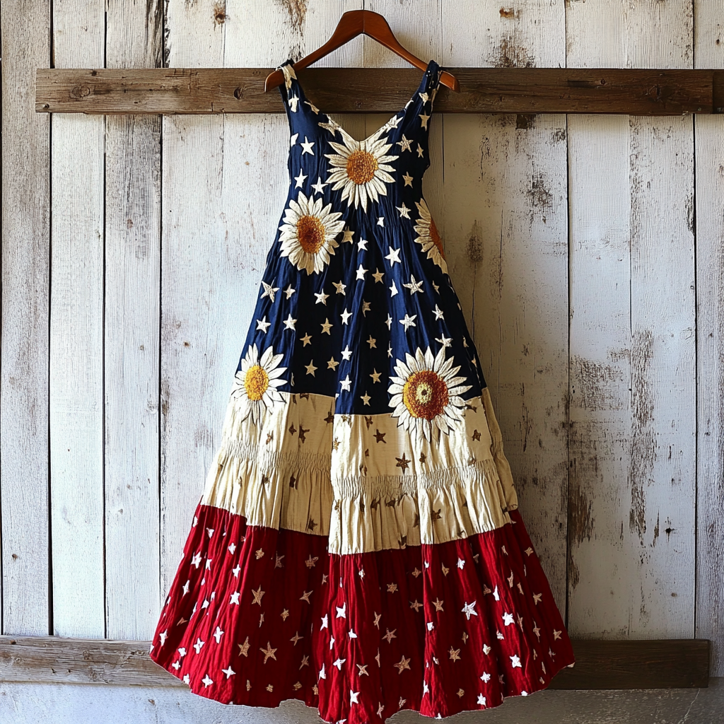 Vintage Independent Day Flag Sunflower Art Cozy Linen Maxi Dress artswardrobe