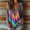 Comstylish Women's Ethnic Geometric Tie-dye Print V-neck T-shirt