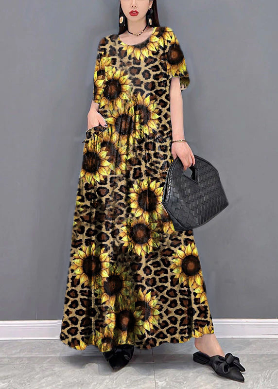 Black Flower O-neck Print Pockets Long Dresses Short Sleeve