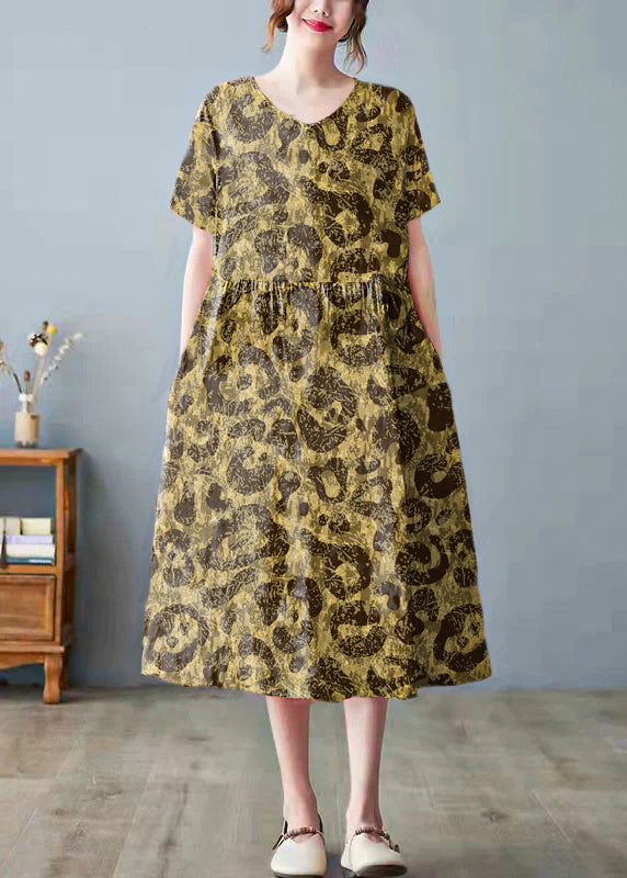 Gray Geometry Print Bamboo Pockets Print O Neck Dress