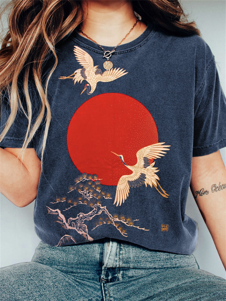 Comstylish Cranes & Sunrise Japanese Art Vintage Washed T Shirt