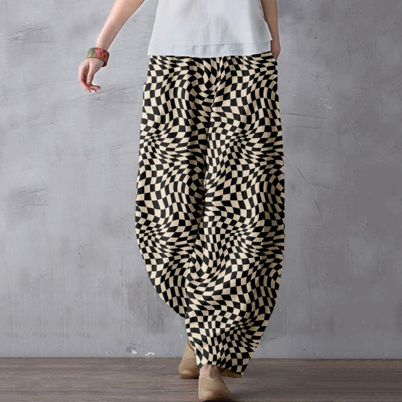 Comstylish Wavy Checkerboard Pattern Linen Blend Comfy Pants