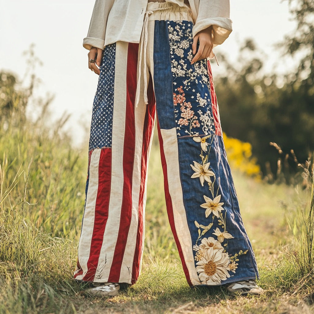 Women's Vintage Independence Day Floral Embroidery Patchwork Design  Linen Wide Leg Pants artswardrobe