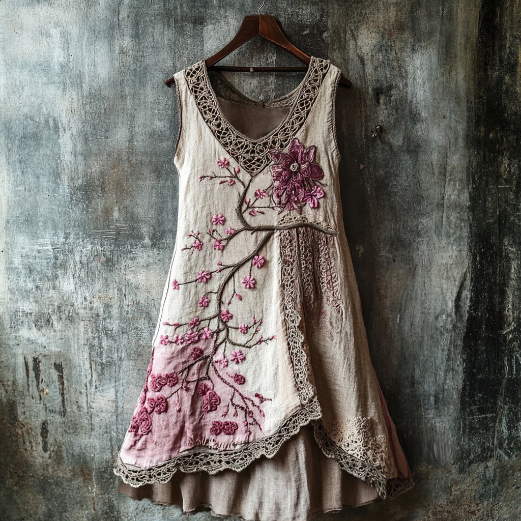 Women's Cherry Blossom Embroidery Lace Patchwork Art Linen Tank Dress artswardrobe