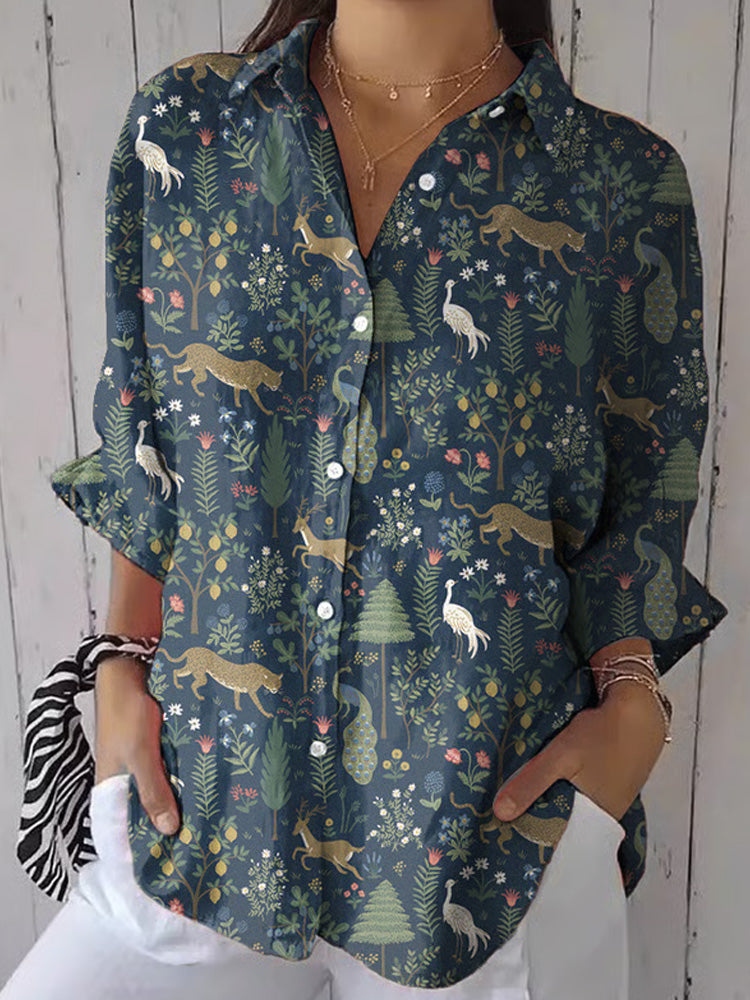 Women's Casual Retro Forest Animal Print Cotton And Linen Shirt artswardrobe