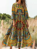 Women's Vintage Ethnic Floral Art Print Flowy Cotton Crew Neck Dress