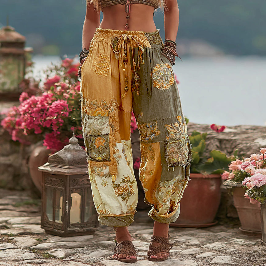 Women's Vintage Floral Embroidery Art Contrast Color Linen Blend Casual Pants artswardrobe