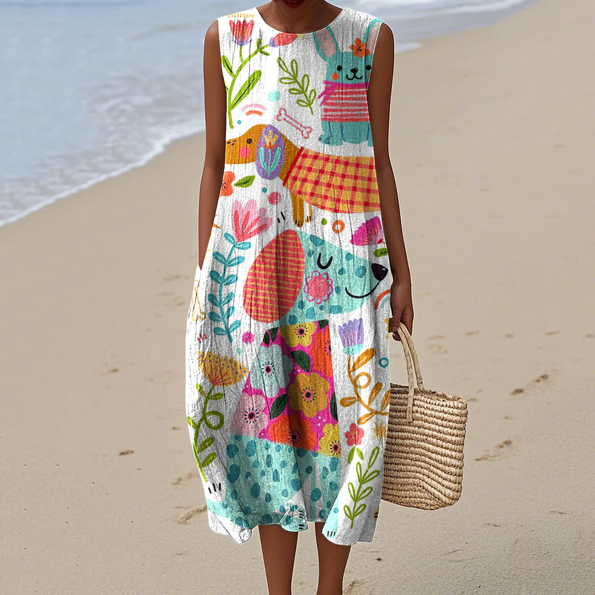 Women's Colorful Floral Dog Art Print Crew Neck Dress artswardrobe
