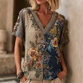 Bohemian Style Two-tone Color Matching Three-dimensional Flower Diamond V-neck Short-sleeved Shirt artswardrobe