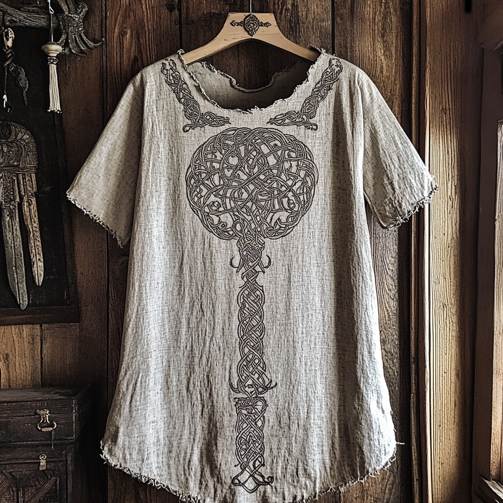 Women's Viking Tribal Tree Of Life Print Linen T-shirt artswardrobe
