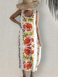 Red Botanical Flower Pattern Sleeveless Dress