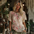 Women's Vintage Floral Art Linen Crew Neck Comfy Short Sleeve T-shirt artswardrobe