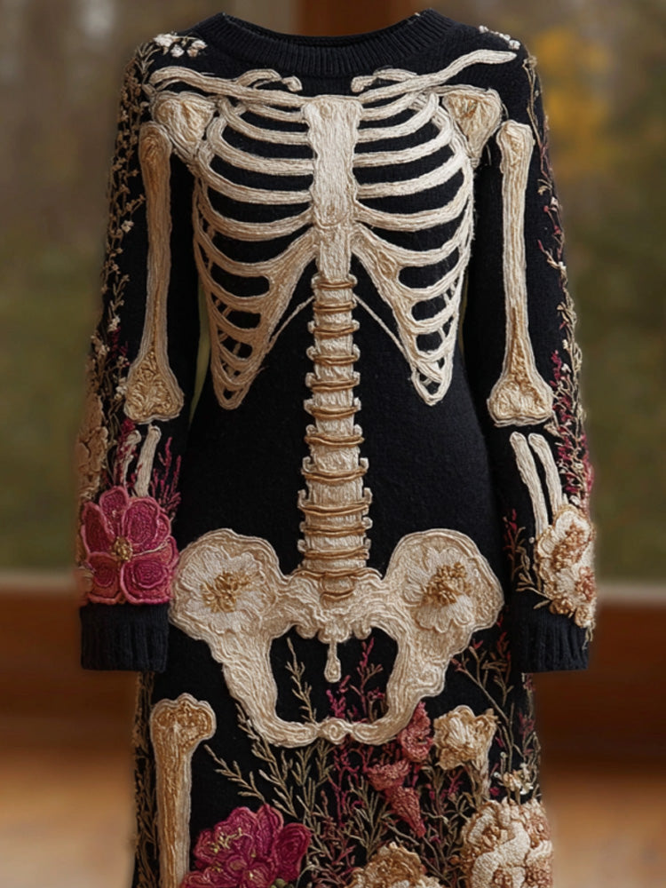Comstylish Women's Halloween Warm Tone Skull Rose Embroidered Dress
