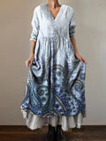 Women's Cashew Flower Trompe L'oeil Art Print V-Neck Pocket Cotton Dre