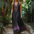 Bohemian Lavender Embroidery Sleeveless  Cozy Linen Maxi Dress artswardrobe