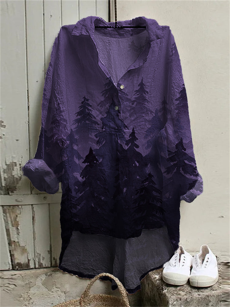 Comstylish Foggy Forest Watercolor Art Linen Blend High Low Tunic