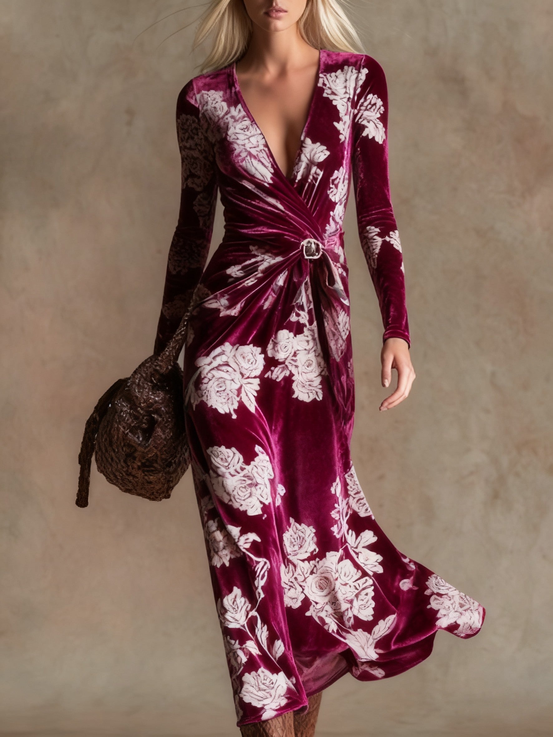 Elegant vintage print V-neck velvet maxi dress