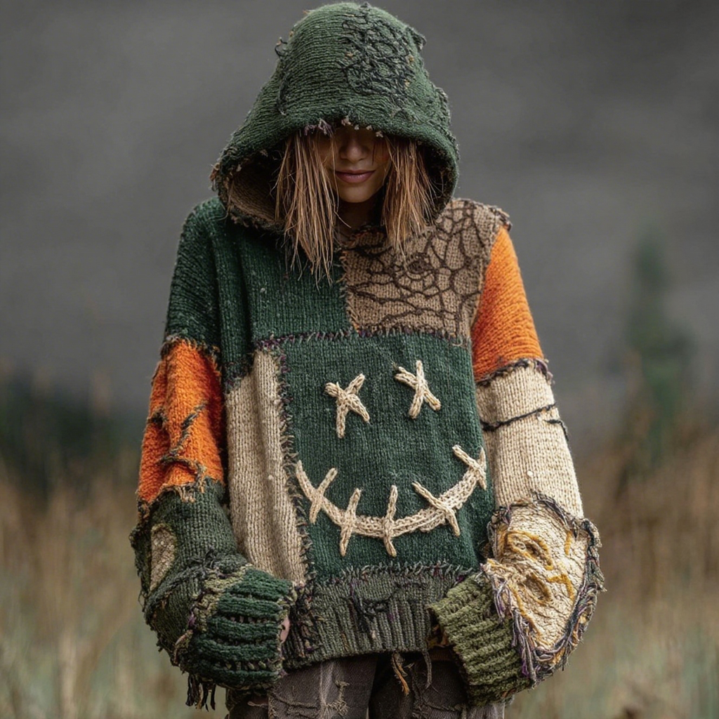 Halloween Spooky Face And Spider Web Patchwork Design Cozy Knit Hooded artswardrobe