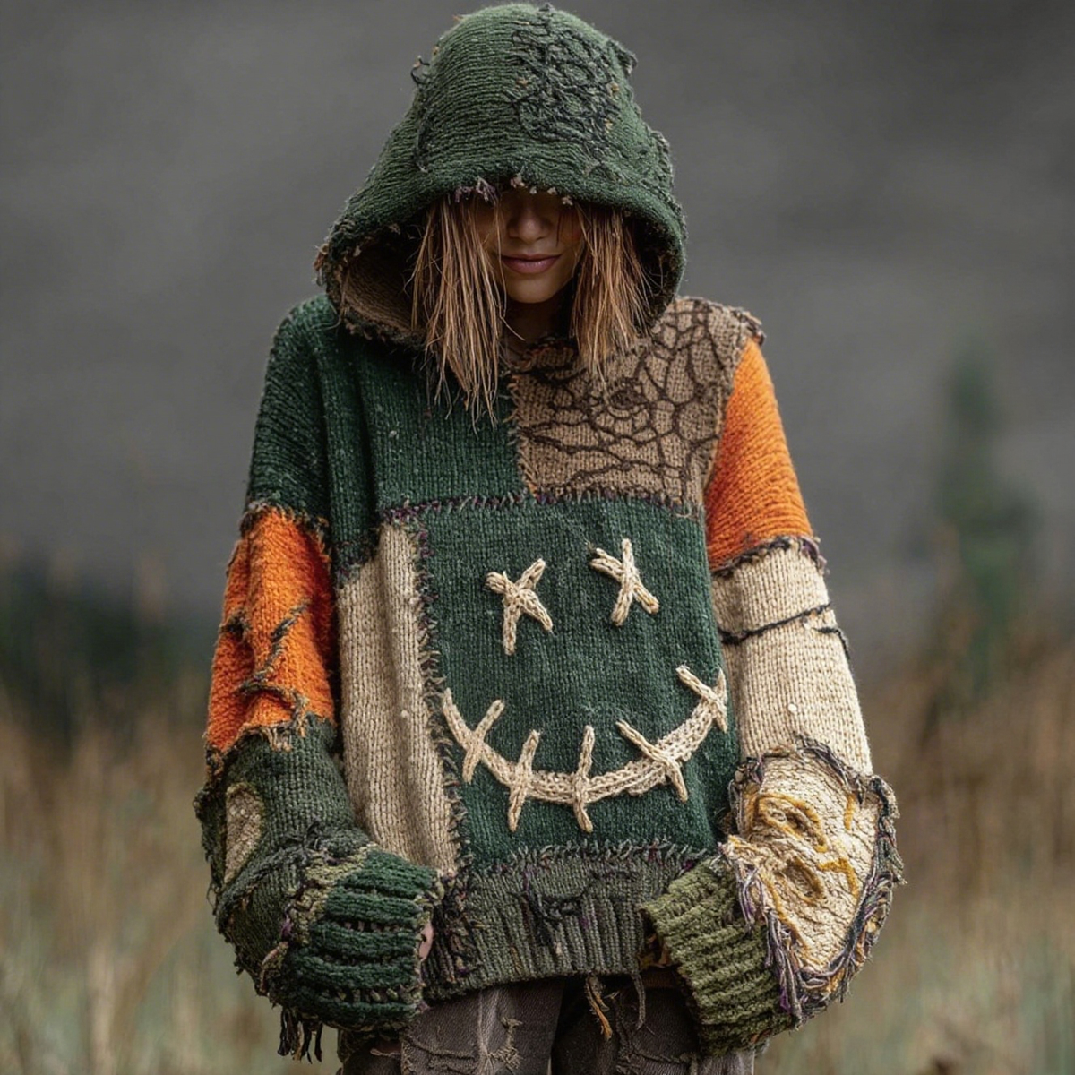 Halloween Spooky Face And Spider Web Patchwork Design Cozy Knit Hooded artswardrobe