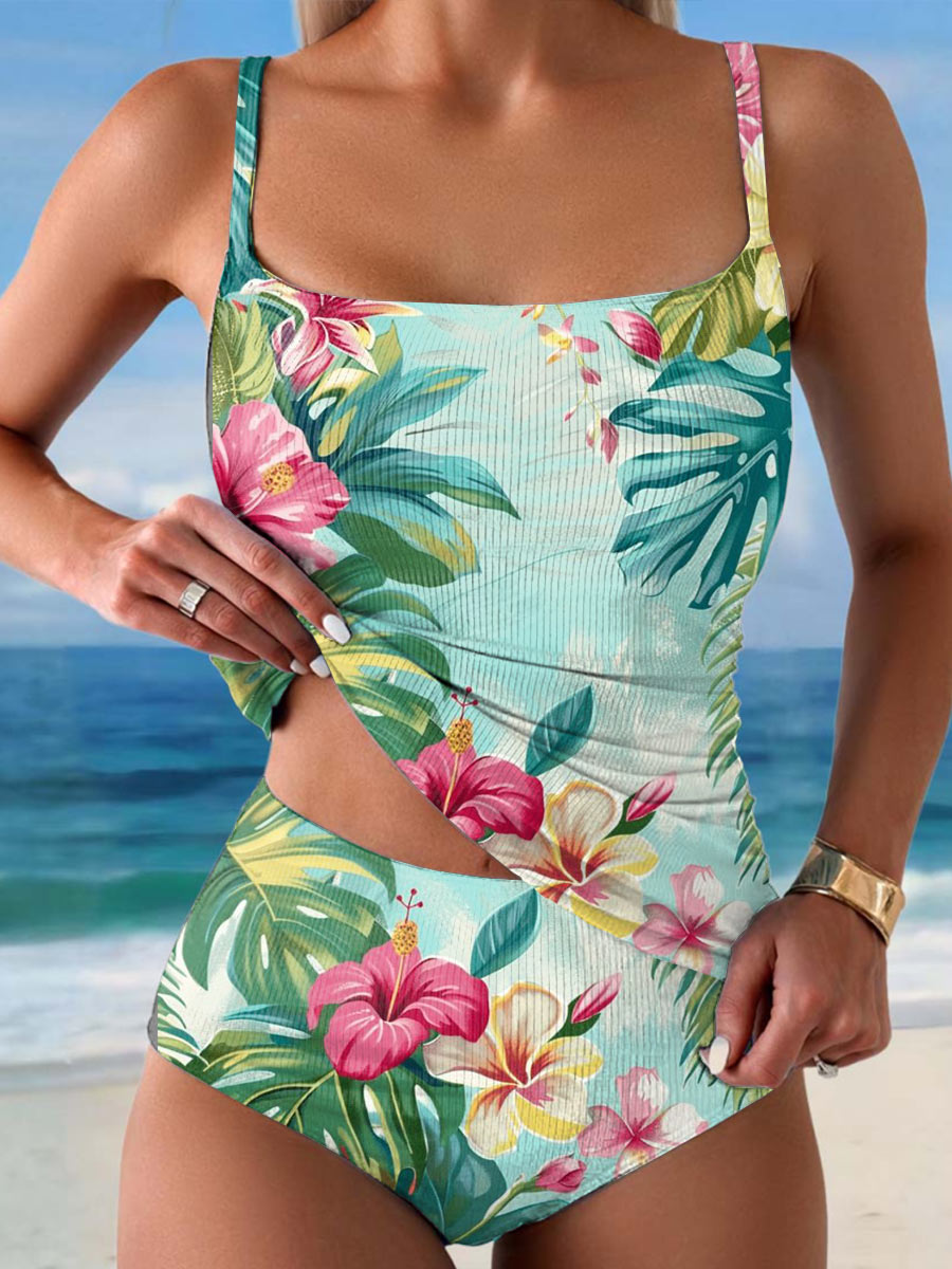 Women's Floral Print Summer Beach Halter Top And Triangle Briefs Tankini Set