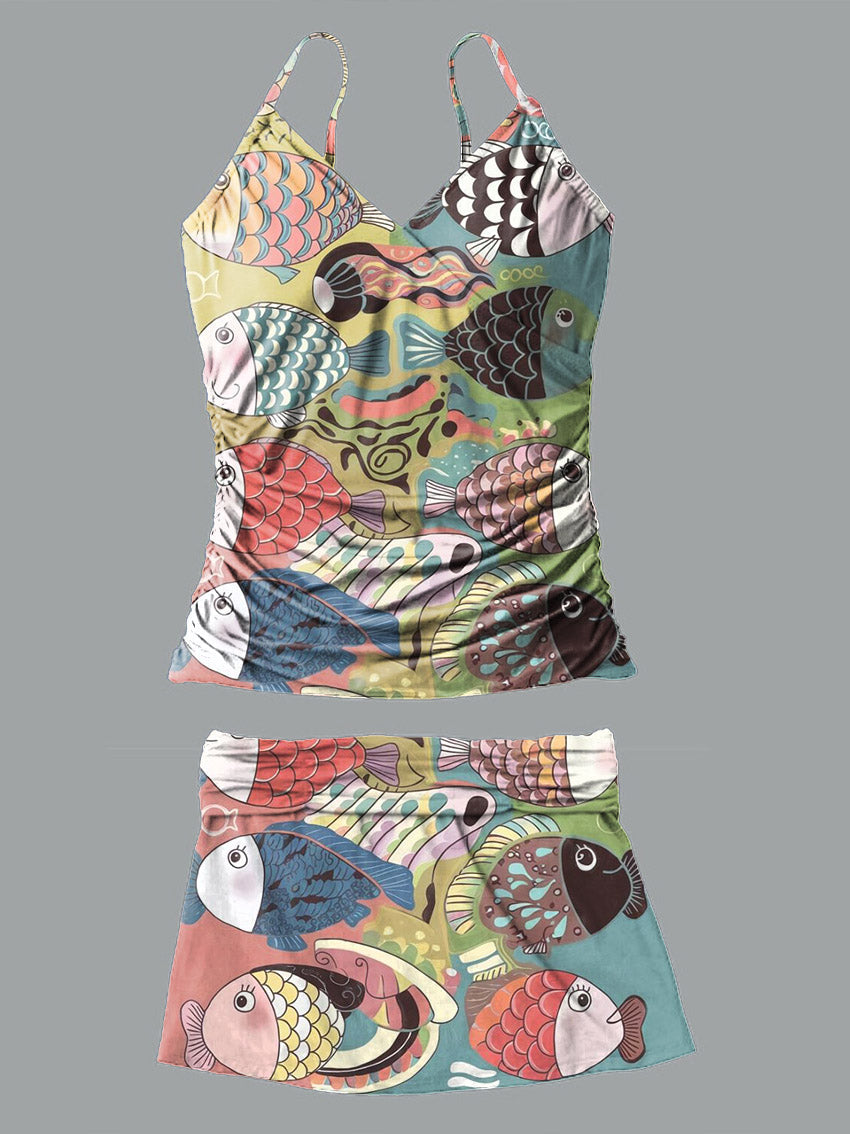 V-Neck Vintage Ethnic Multicolor Fish Art Print Suspender Skirt Tankini Pantskirt Set Swimsuit