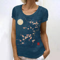 Comstylish Retro Japanese Ink Floral Moon Art Painting Linen Casual T-Shirt