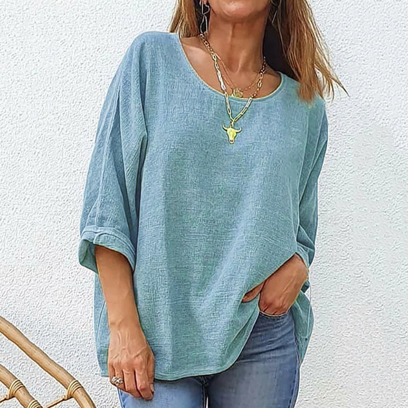 Women's Cotton And Linen Casual Loose Round Neck Long Sleeve T-shirt artswardrobe