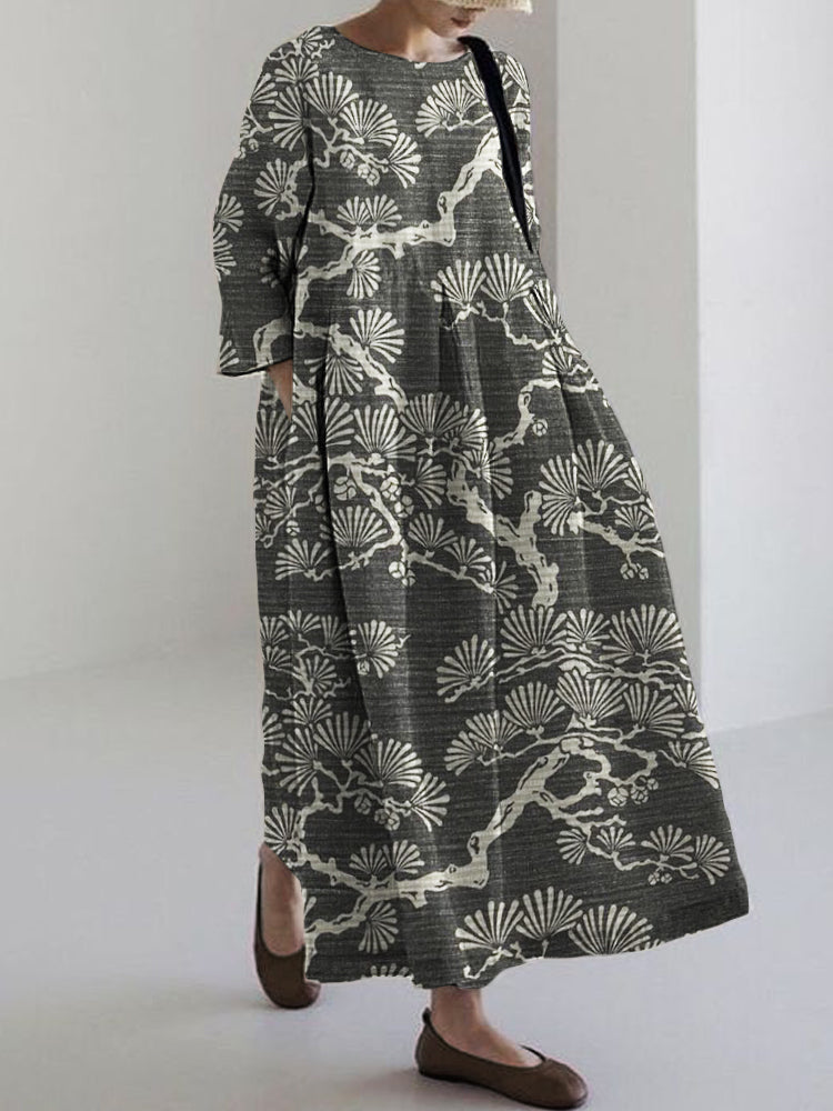 Comstylish Pine Trees Japanese Lino Art Linen Blend Maxi Dress
